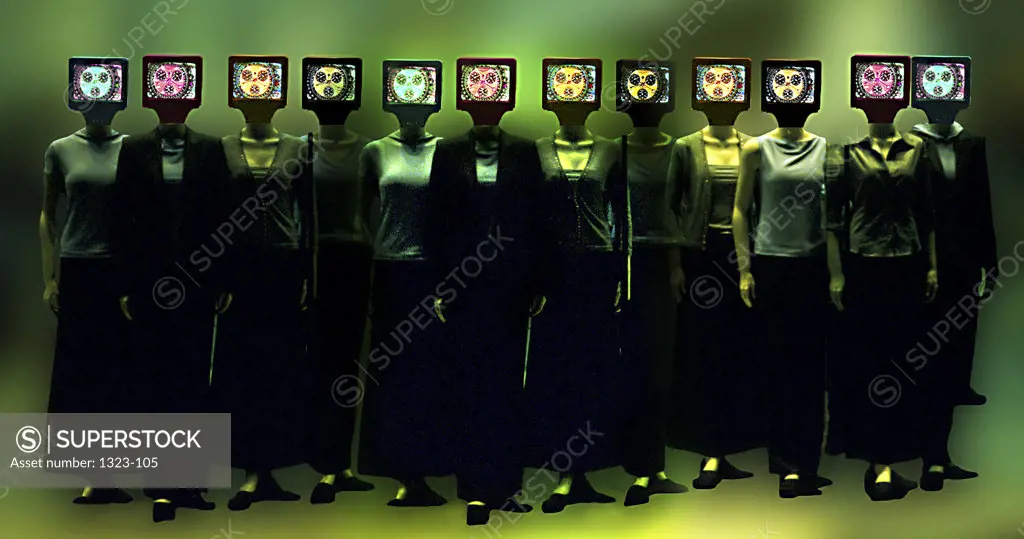 Human figures standing with computer monitors for heads