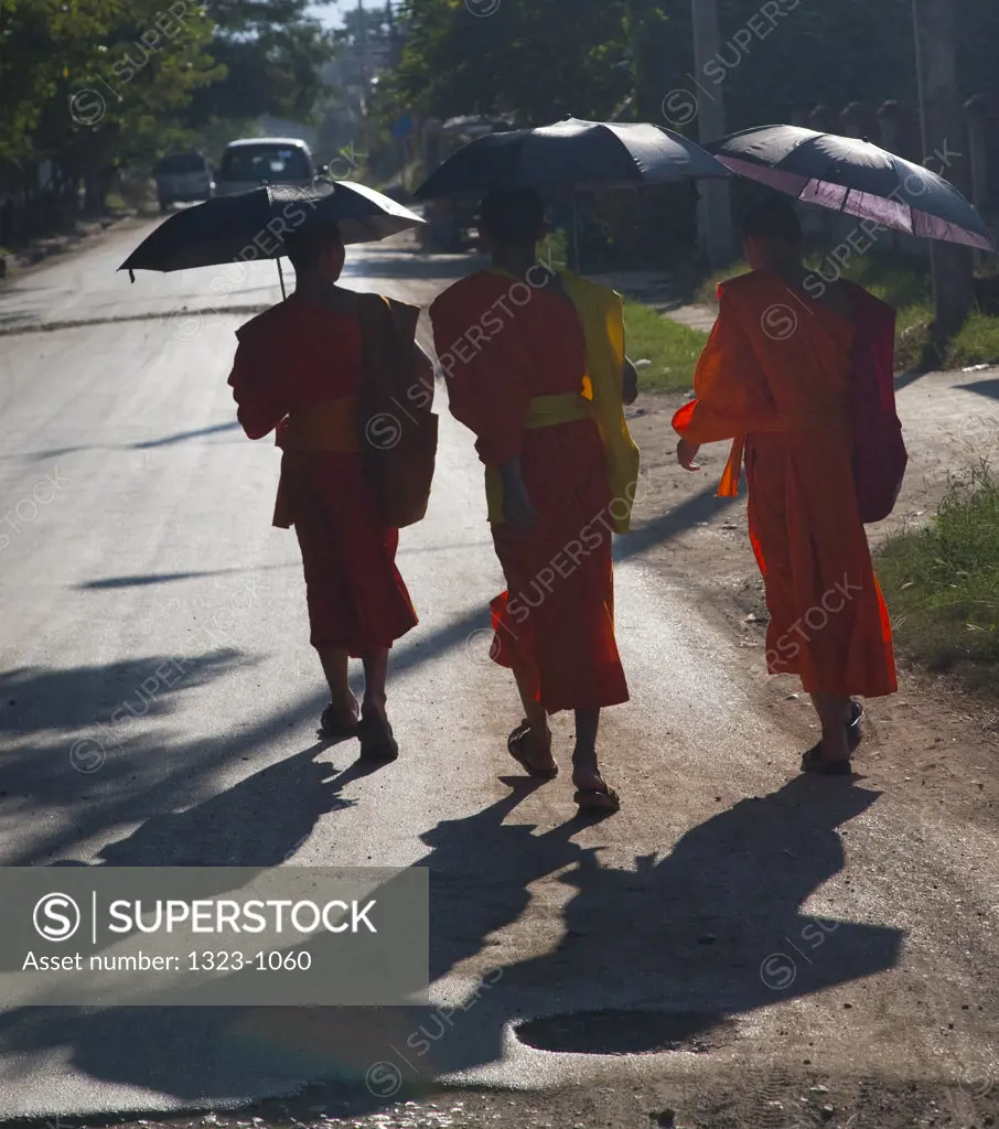 Monks holding umbrellas and walking on the road, Luang Phabang, Laos