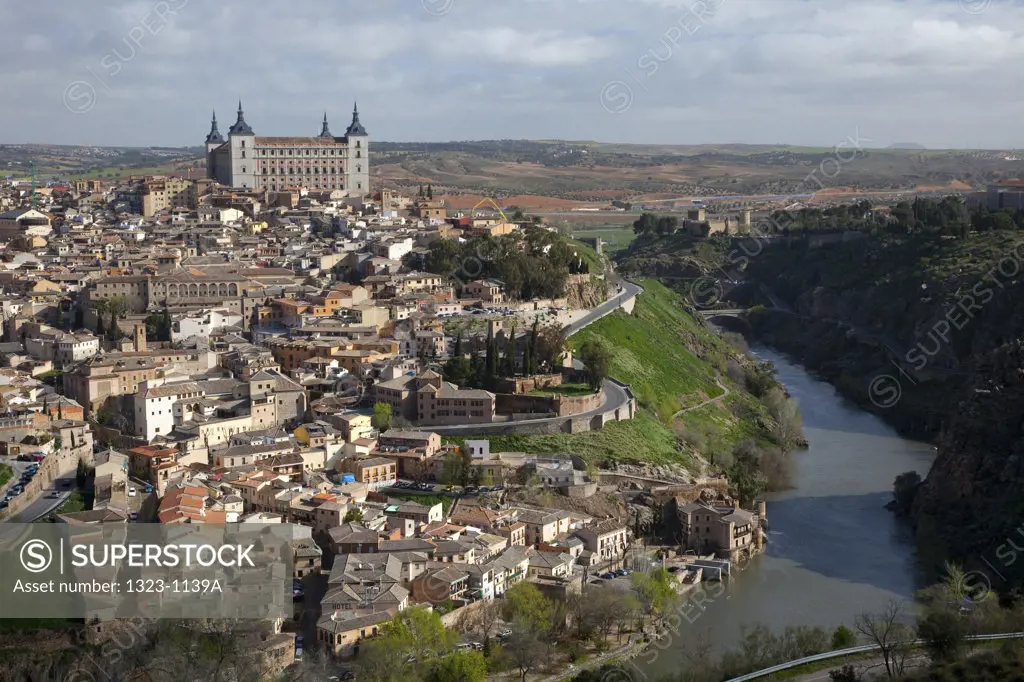 High angle view of a cityscape, Cathedral Of Toledo, Tagus River, Toledo, Castilla La Mancha, Spain