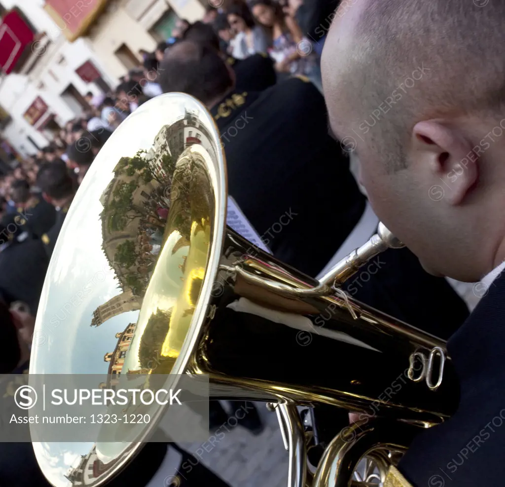 Spain, Seville, View of tuba in marching band