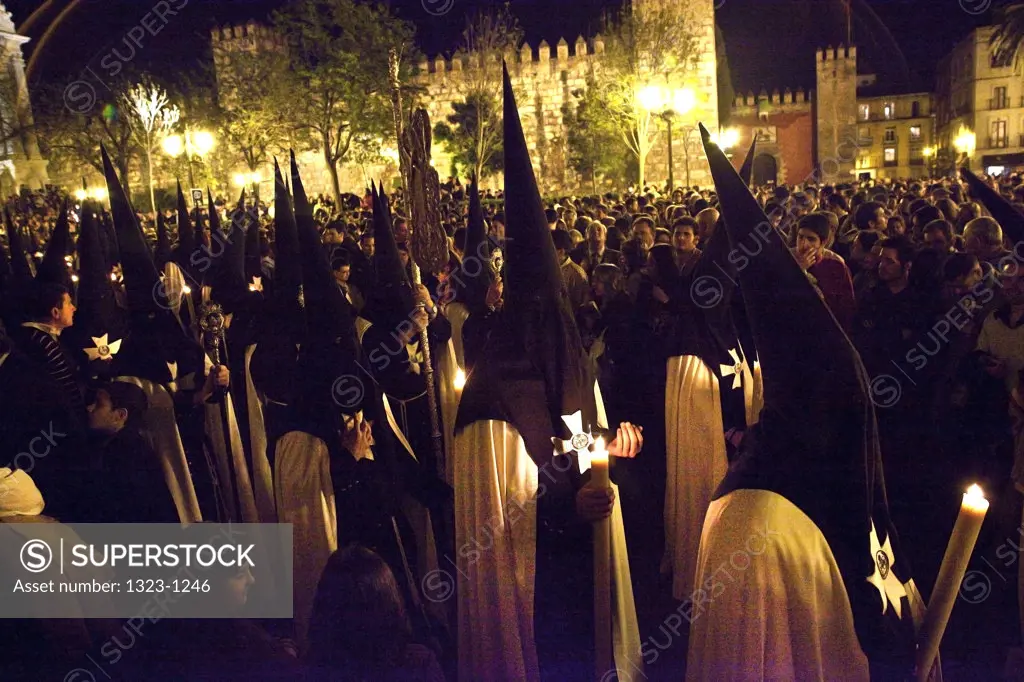 Spain, Seville, Procession of Nazarenes at night