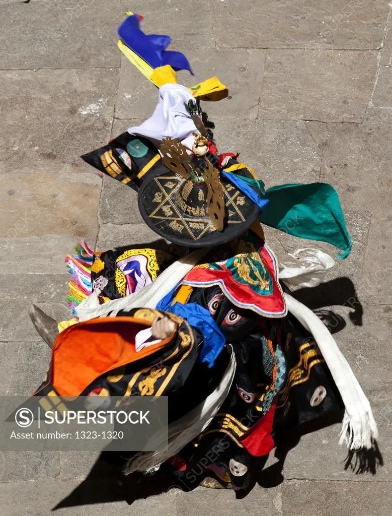 Dancers performing black hat dance in traditional Paro Tsechu festival, Paro, Bhutan