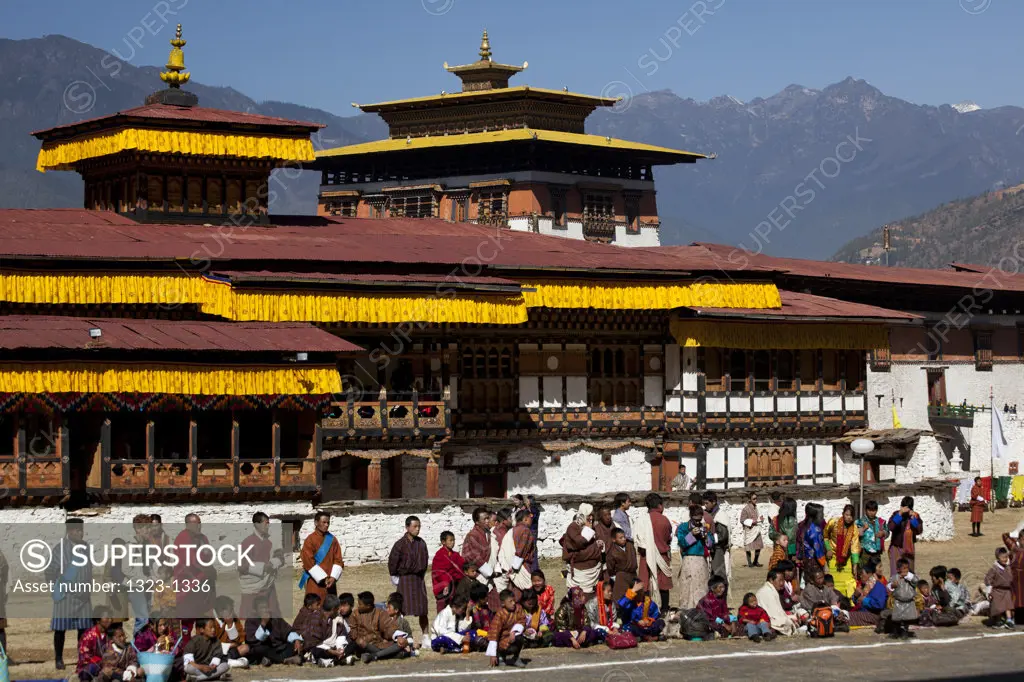 People in a temple in Paro Festival, Paro, Bhutan