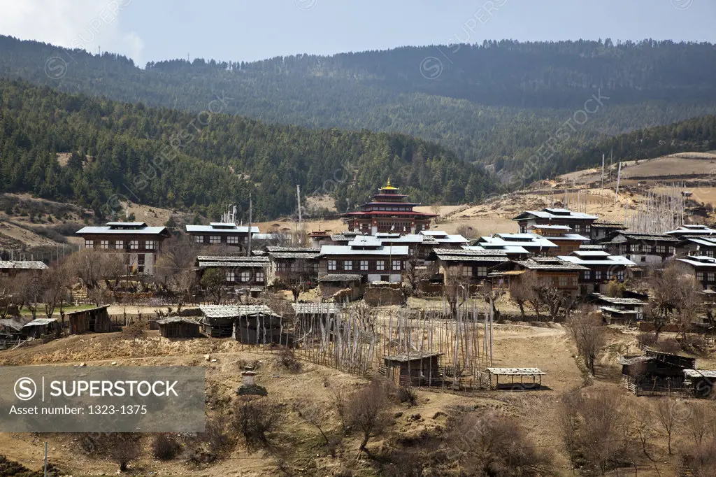 Houses in a village, Ura, Ura Valley, Ura Gewog, Bumthang, Bhutan
