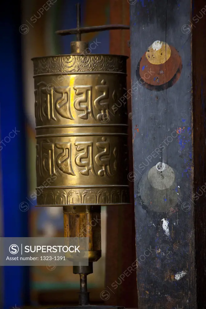 Close-up of a prayer wheel in a monastery, Bhutan