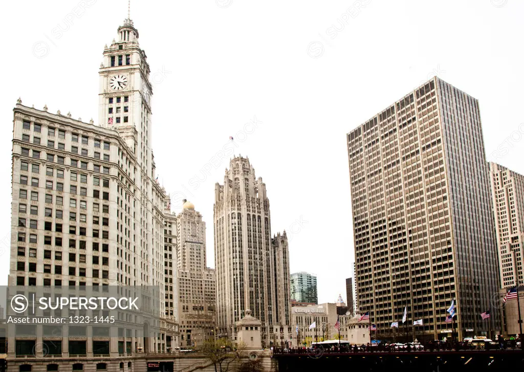 Low angle view of buildings in a city, Wrigley Building, Tribune Tower, Chicago, Cook County, Illinois, USA