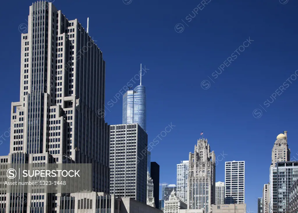Low angle view of buildings in a city, Franklin Center, Trump International Hotel And Tower, Tribune Tower, Chicago, Cook County, Illinois, USA