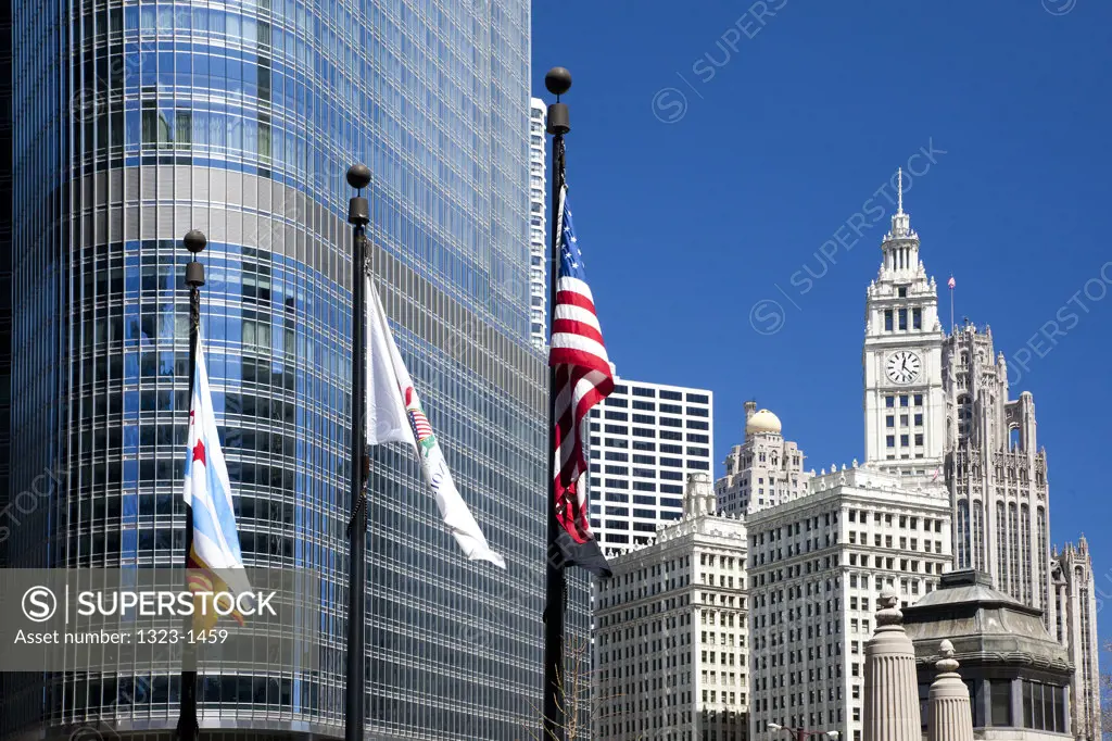 Low angle view of buildings in a city, Trump International Hotel And Tower, Wrigley Building, Chicago, Cook County, Illinois, USA