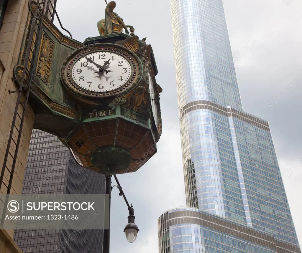 USA, Illinois, Chicago, Trump Tower and ornate clock