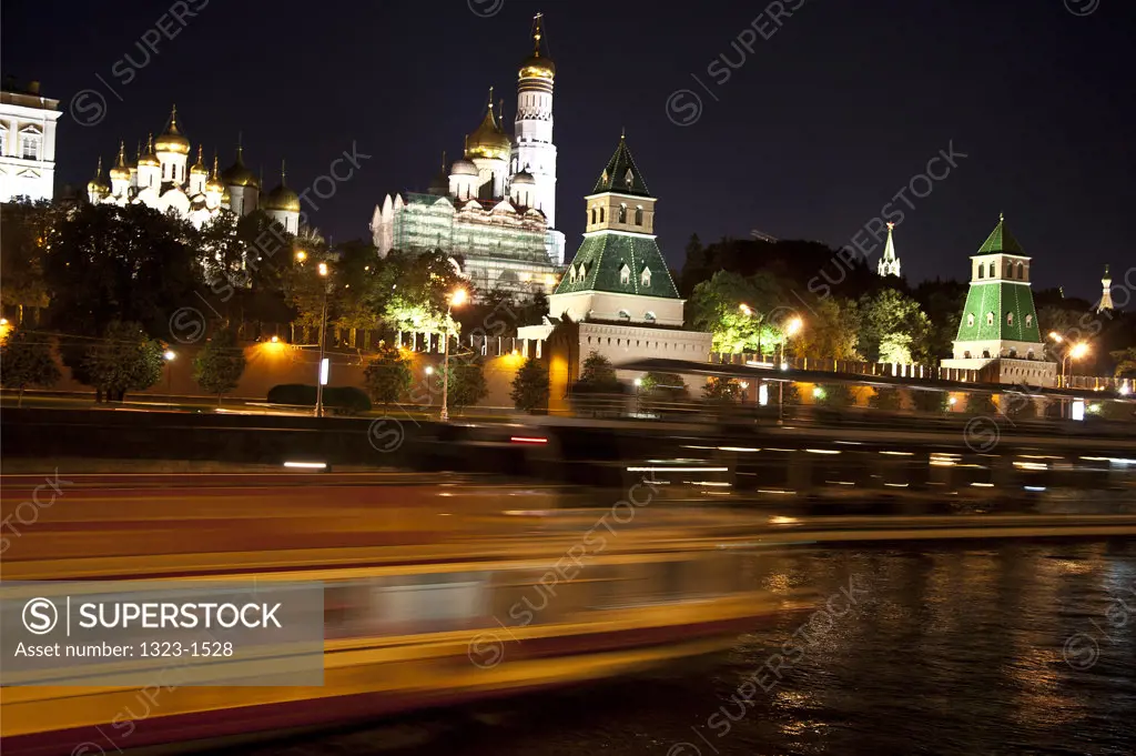 Tourboat in the river at night, Moscva River, Kremlin, Moscow, Russia