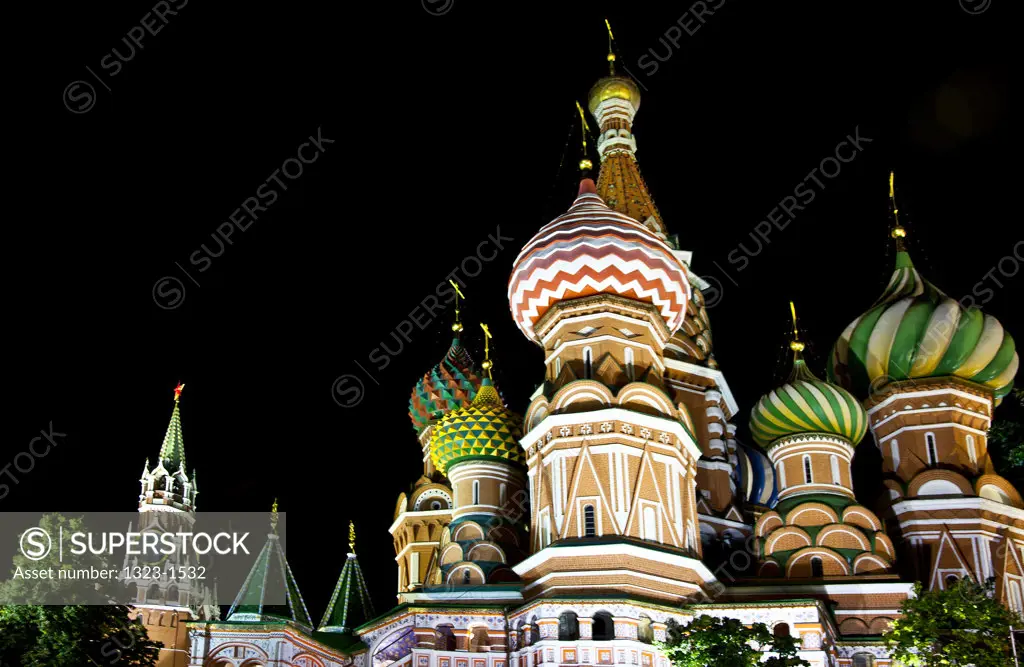 Low angle view of a cathedral at night, St. Basil's Cathedral, Red Square, Moscow, Russia