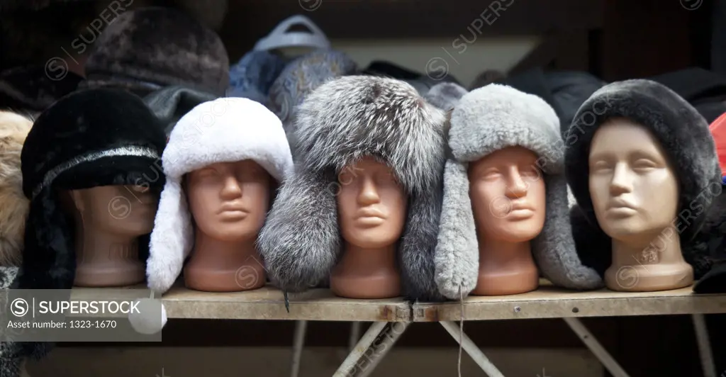 Fur hats for sale at market stall, Sergiyev Posad, Moscow Oblast, Russia