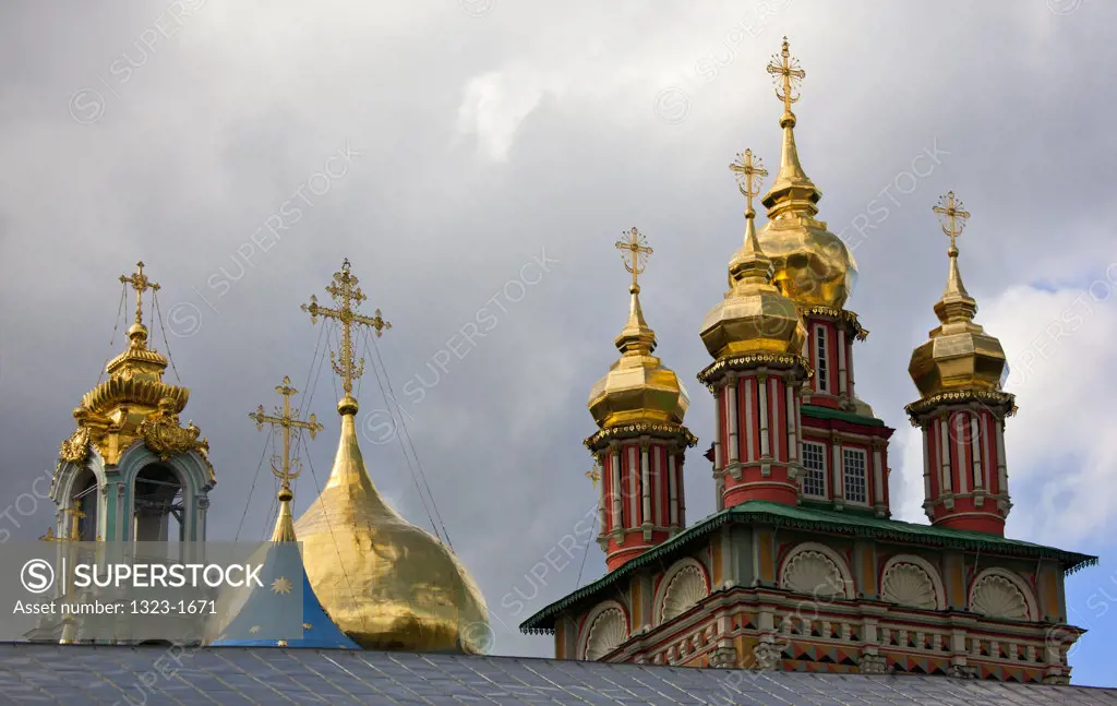 Low angle view of onion domes on churches, Trinity Lavra of St. Sergius, Sergiyev Posad, Moscow Oblast, Russia