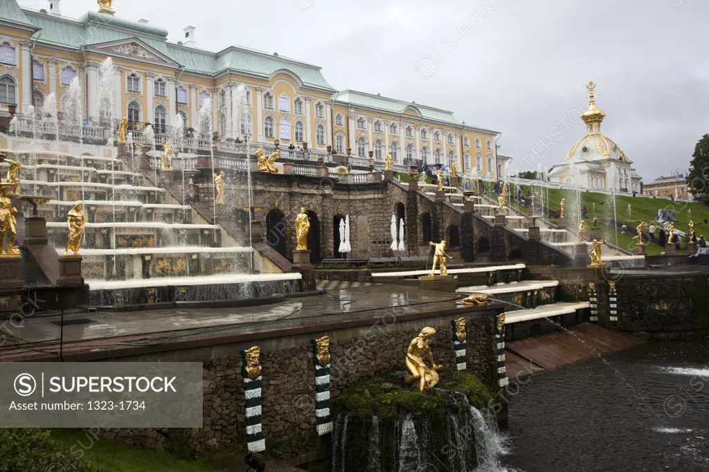 Grand Cascade fountain in front of the Peterhof Grand Palace, Petrodvorets, St. Petersburg, Russia
