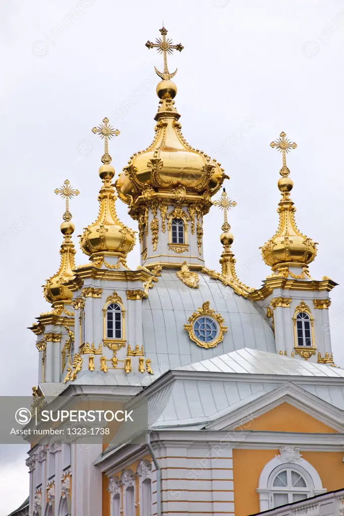 Low angle view of a church of Peterhof Grand Palace, Petrodvorets, St. Petersburg, Russia