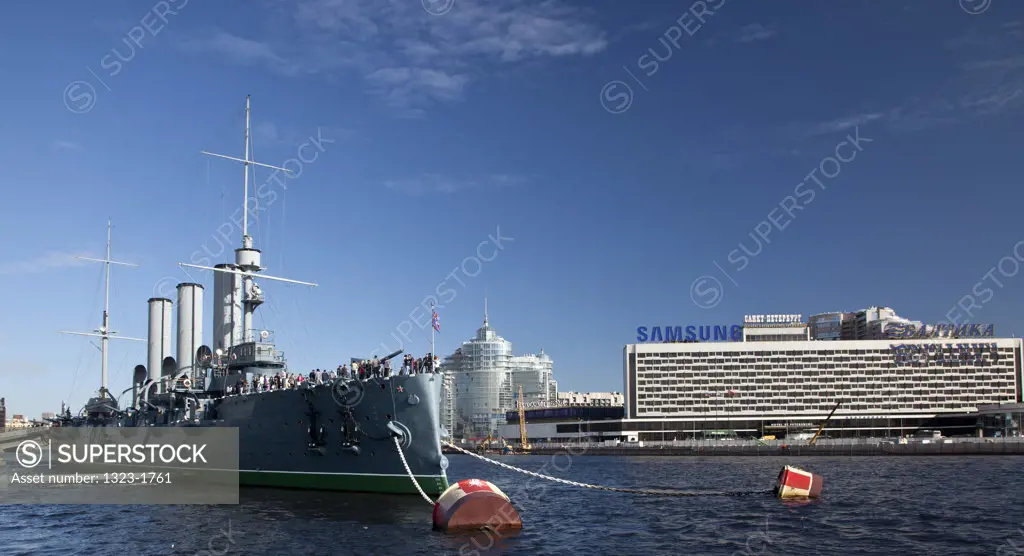 Aurora battleship docked in the Neva River, St. Petersburg, Russia