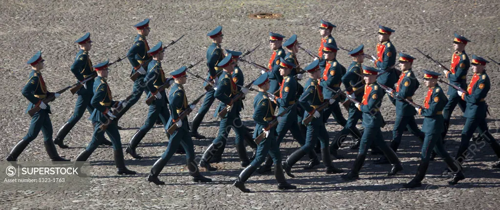 Russian soldiers marching in the Peter and Paul Fortress, St. Petersburg, Russia