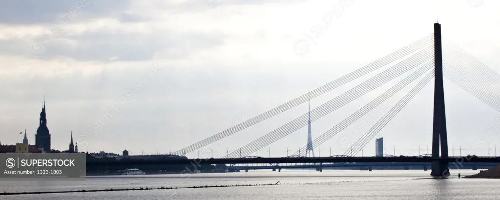 Latvia, Riga, View of Vansu Bridge crossing Daugava River