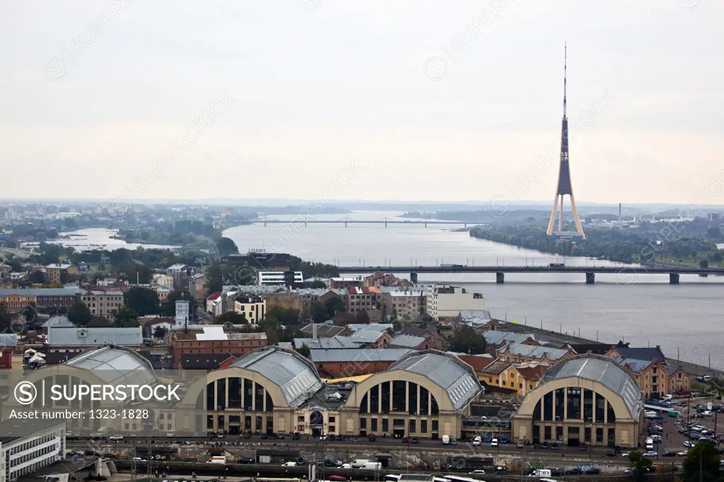 Latvia, Riga, High angle view of Riga's Central Market and Daugava River