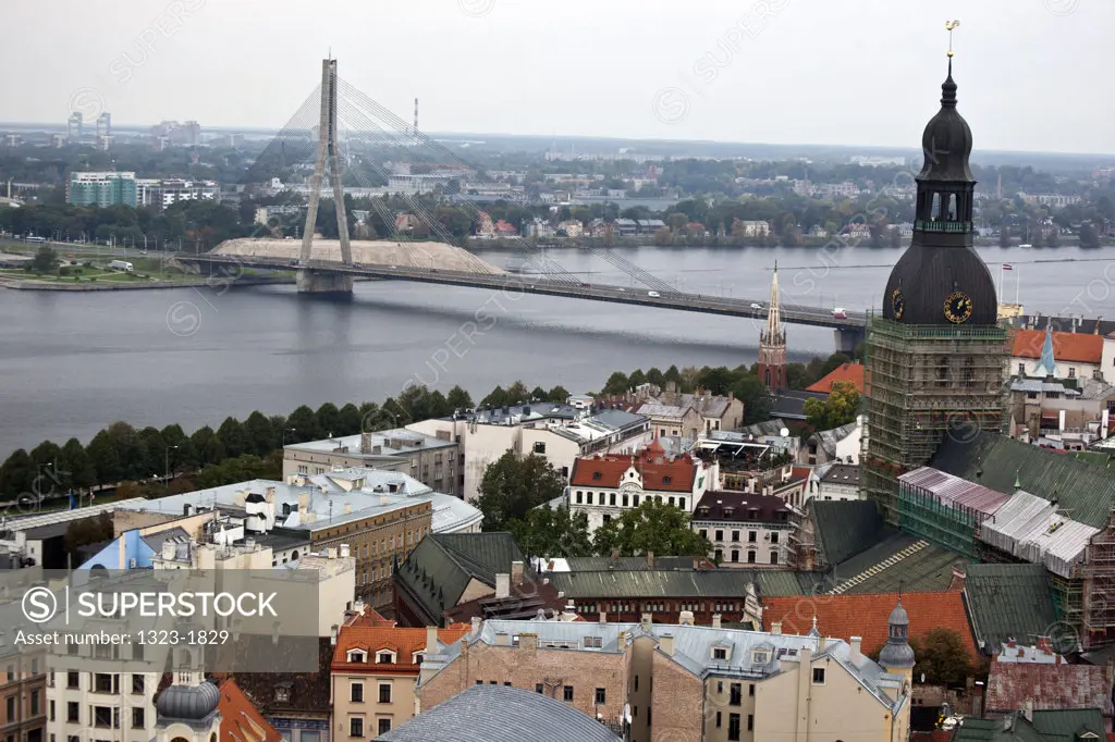 Latvia, Riga, High angle view of Vansu Bridge crossing Daugava River