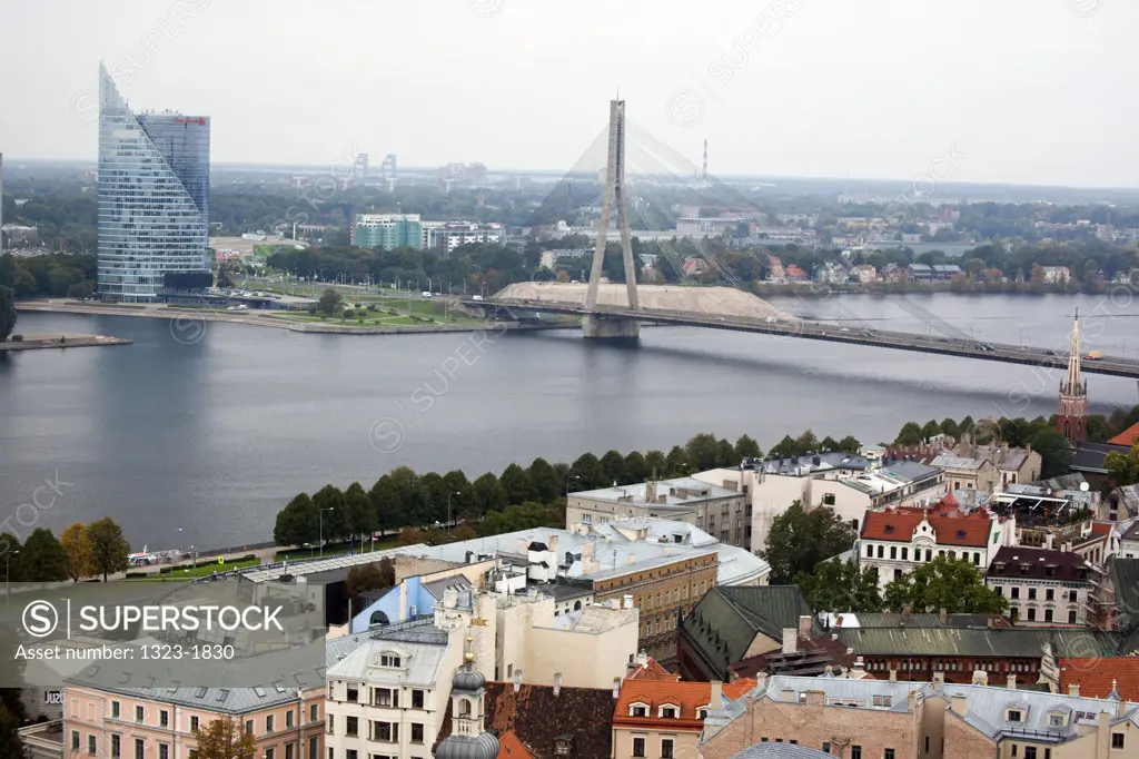 Latvia, Riga, High angle view of Vansu Bridge crossing Daugava River