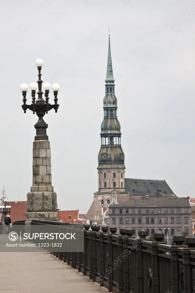 Latvia, Riga, View of St Peter's Church from Stone Bridge