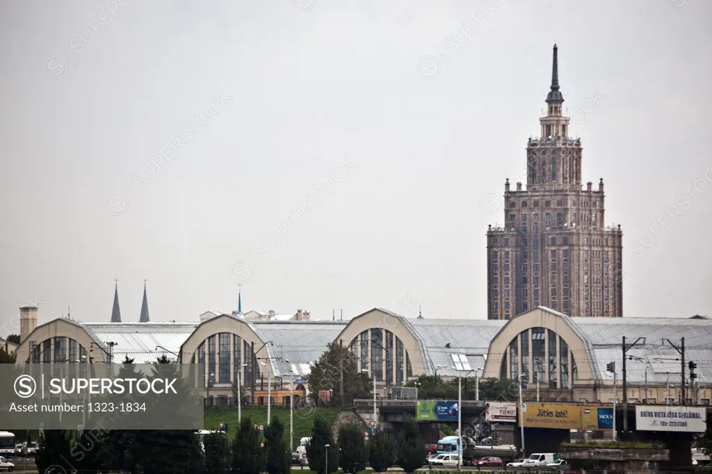 Latvia, Riga, View of Central Market with Stalin Tower