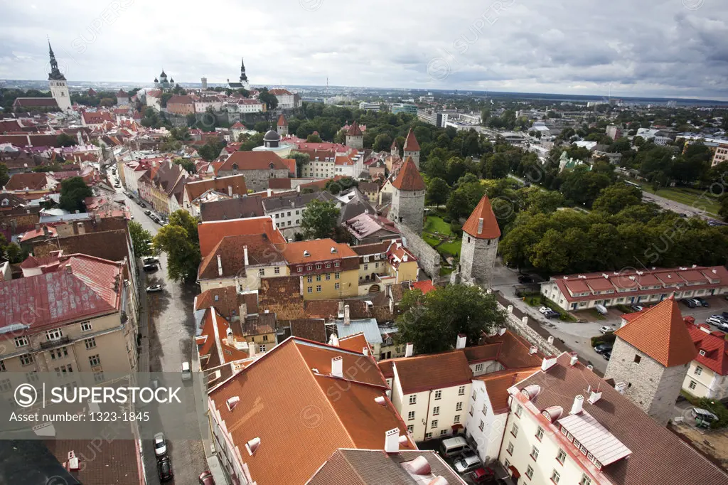 High angle view of a town, Old Town, Tallinn, Estonia
