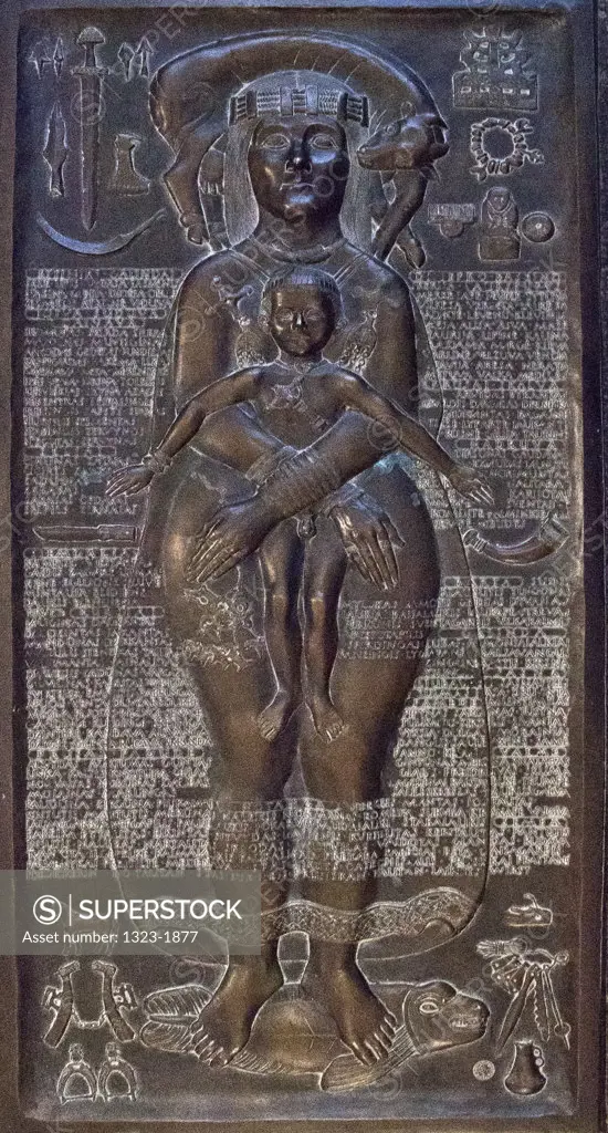 Bronze bas relief of Virgin Mary and Baby Jesus at Vilnius University, Vilnius, Lithuania