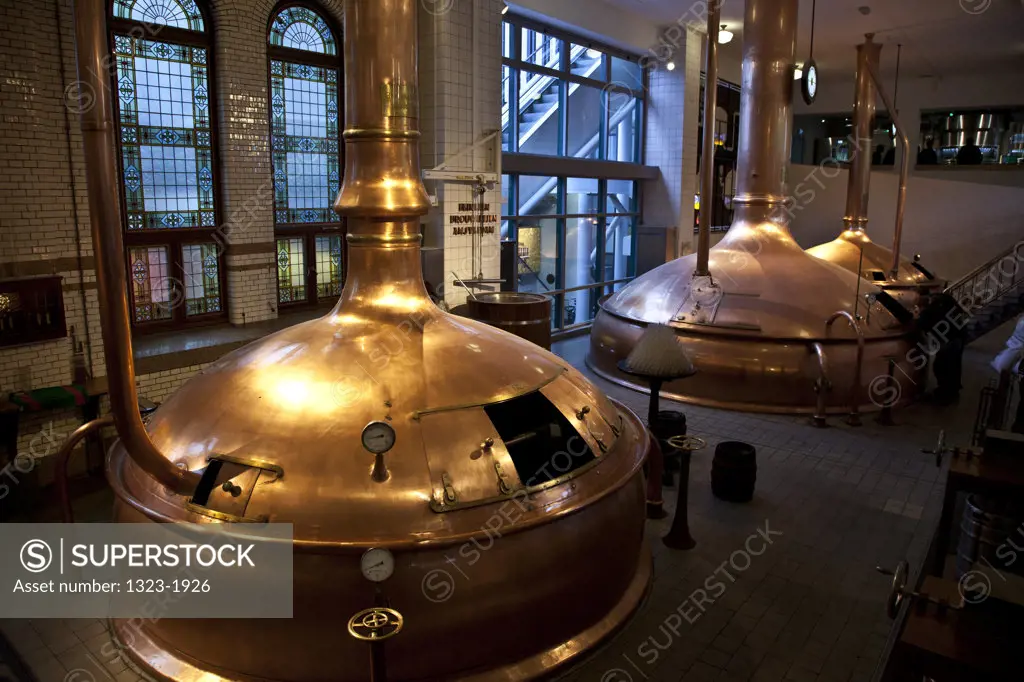 High angle view of copper vats at Heineken Brewery, Amsterdam, Netherlands