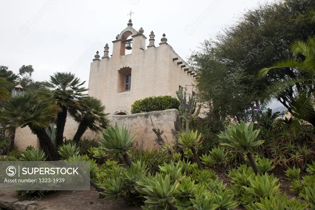 Trees and plants outside a church, Our Lady of Mount Carmel Church, Montecito, Santa Barbara County, California, USA