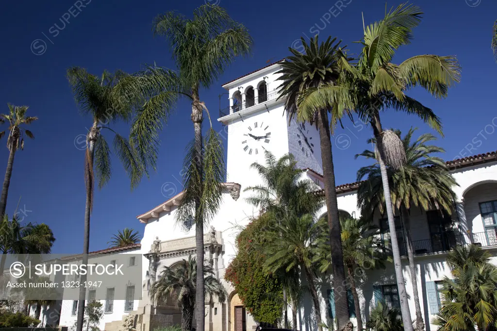 Palm trees in front of a government building, Santa Barbara City Hall, Santa Barbara, California, USA