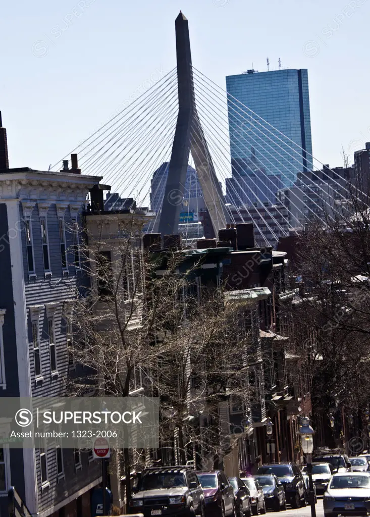 USA, Massachusetts, Boston, View of Leonard P. Zakim Bridge from Bunker Hill in Charlestown