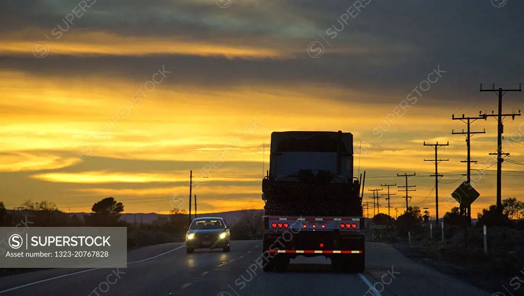 Trucks at sunset in the Mojave, California