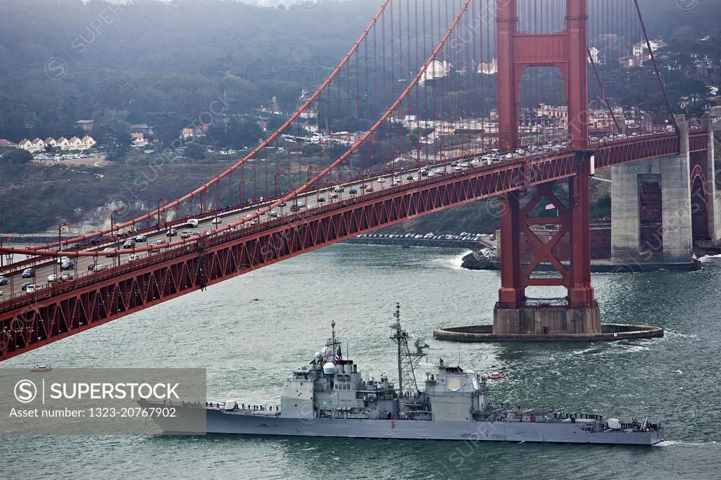 Naval Vessel passing under the Golden Gate Bridge
