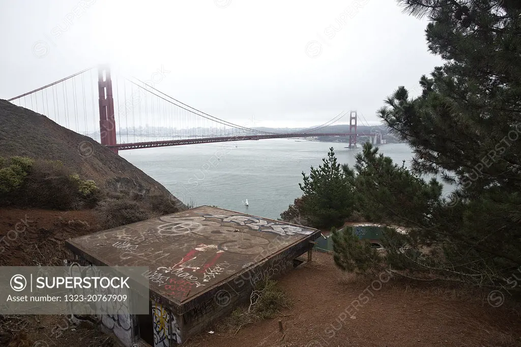 Old WWII gun emplacement and the Golden Gate Bridge