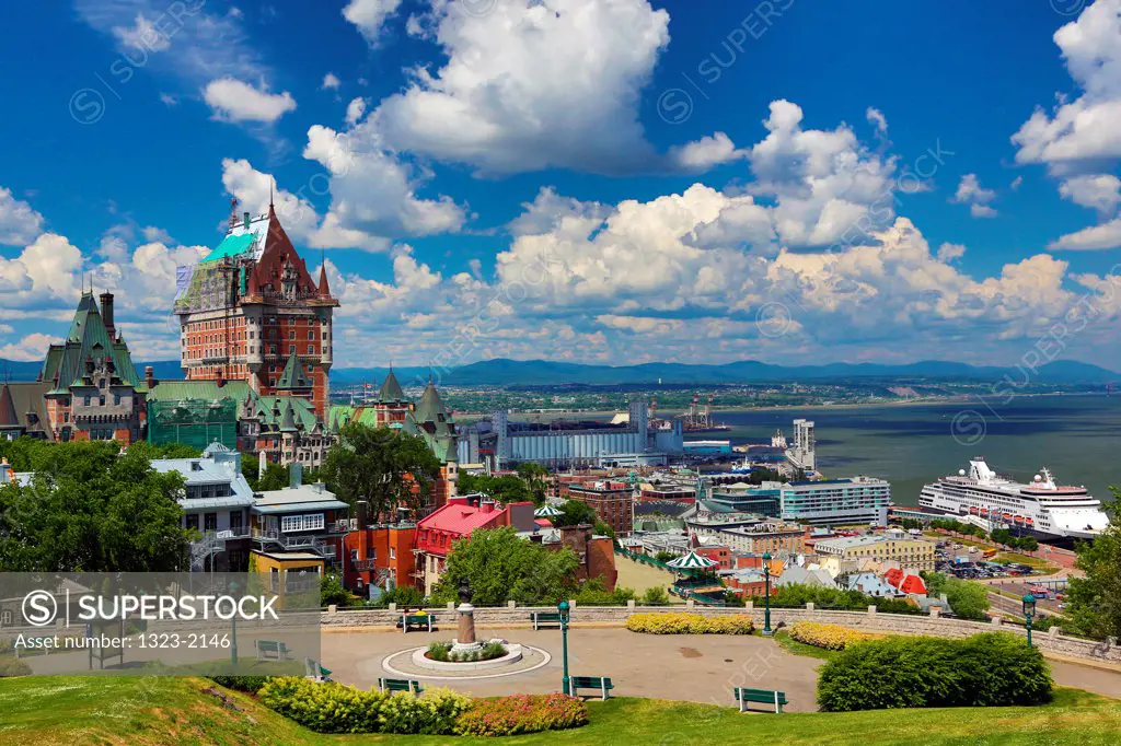 Canada, Quebec City, View of Chateau Frontenac and St. Lawrence Seaway