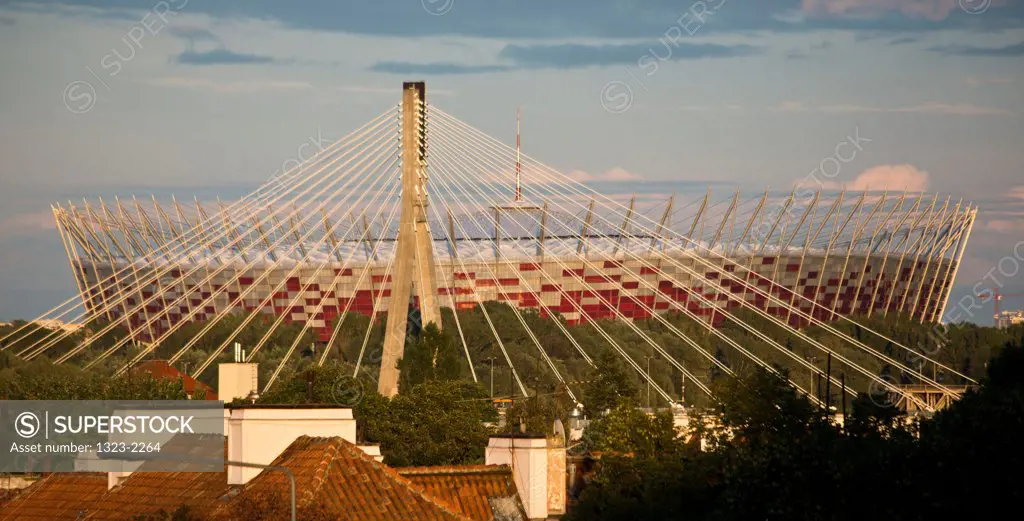 Poland, Warsaw, View of National Stadium and Swietokrzyski Bridge