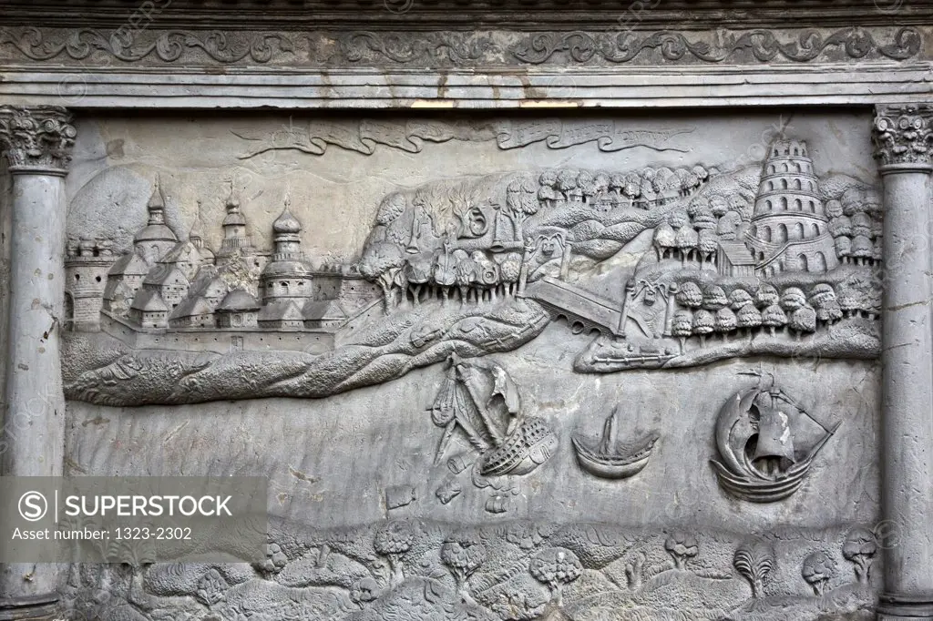 Poland, Warsaw, Bas relief on crypt in Jewish Cemetery