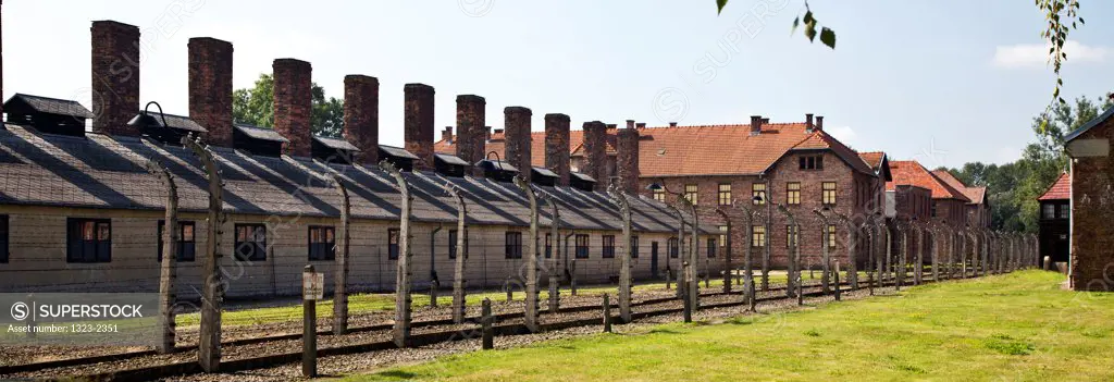 Poland, Oswiecim, Auschwitz Concentration camp, Barracks and barbed wire