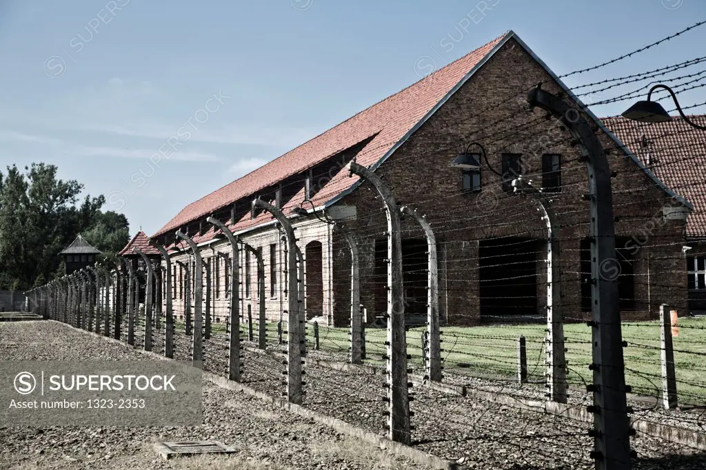 Poland, Oswiecim, Auschwitz Concentration camp, Barracks and barbed wire