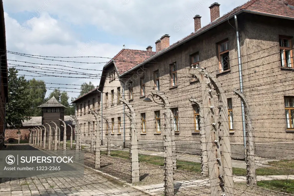 Poland, Oswiecim, Auschwitz Concentration camp, Barracks and barbed wire