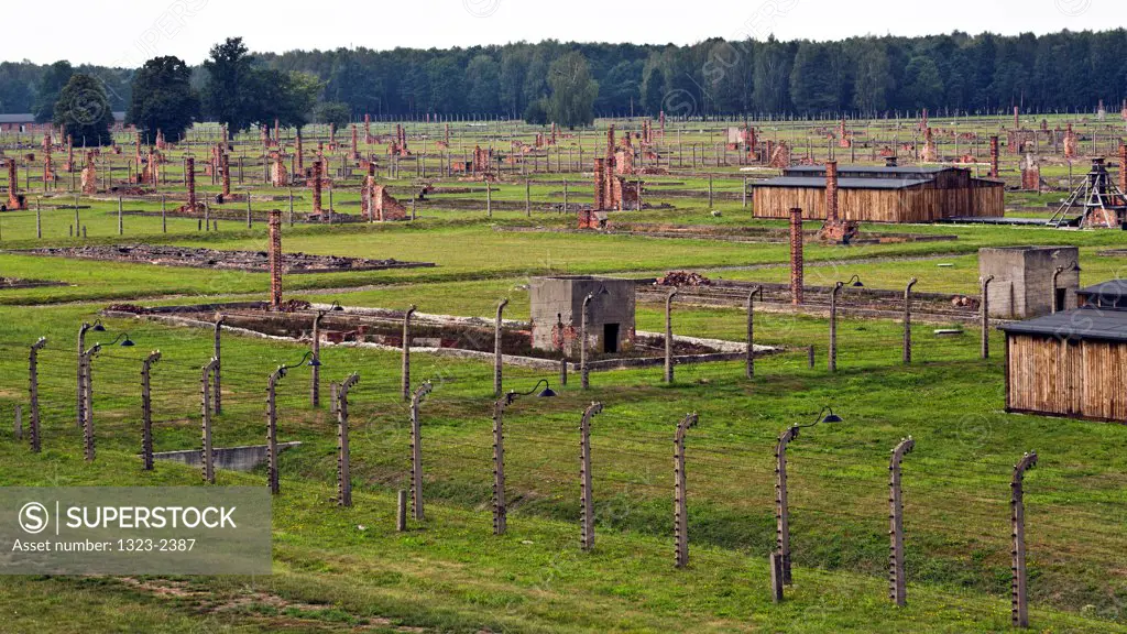 Poland, Oswiecim, Birkenau Death Camp, High angled view of camp