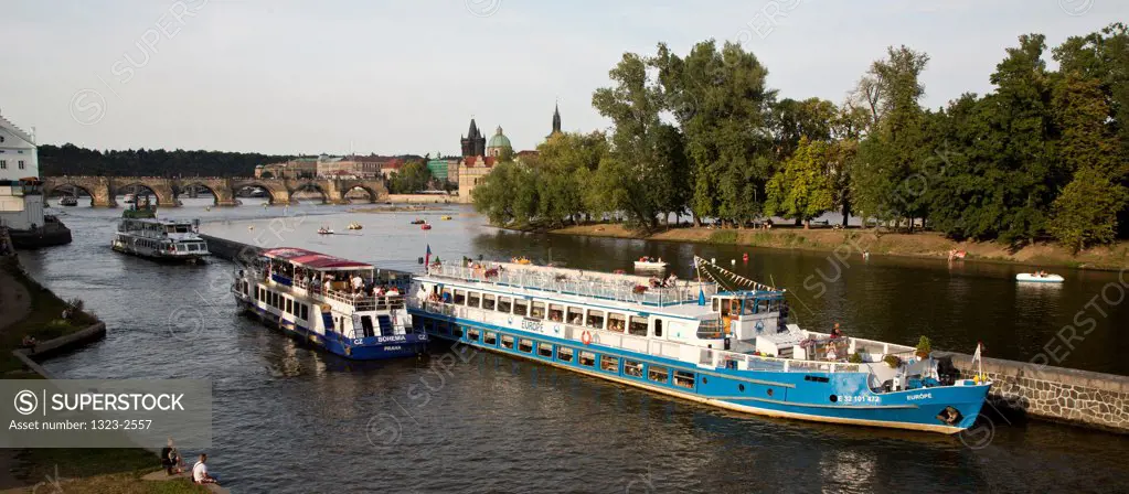 Czech Republic, Prague, Boats on Vltava River Canal