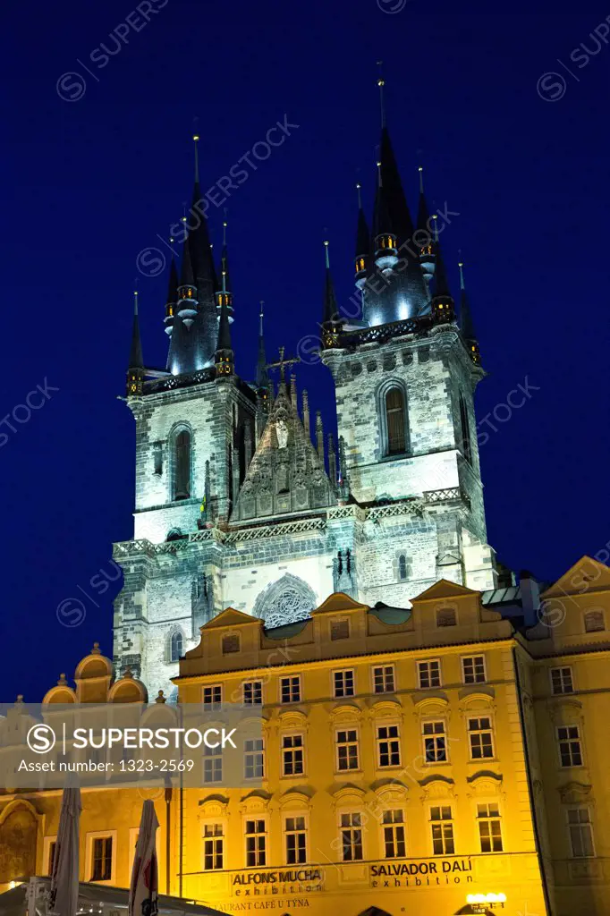 Czech Republic, Prague, Old Town Square, Tyn Church at night