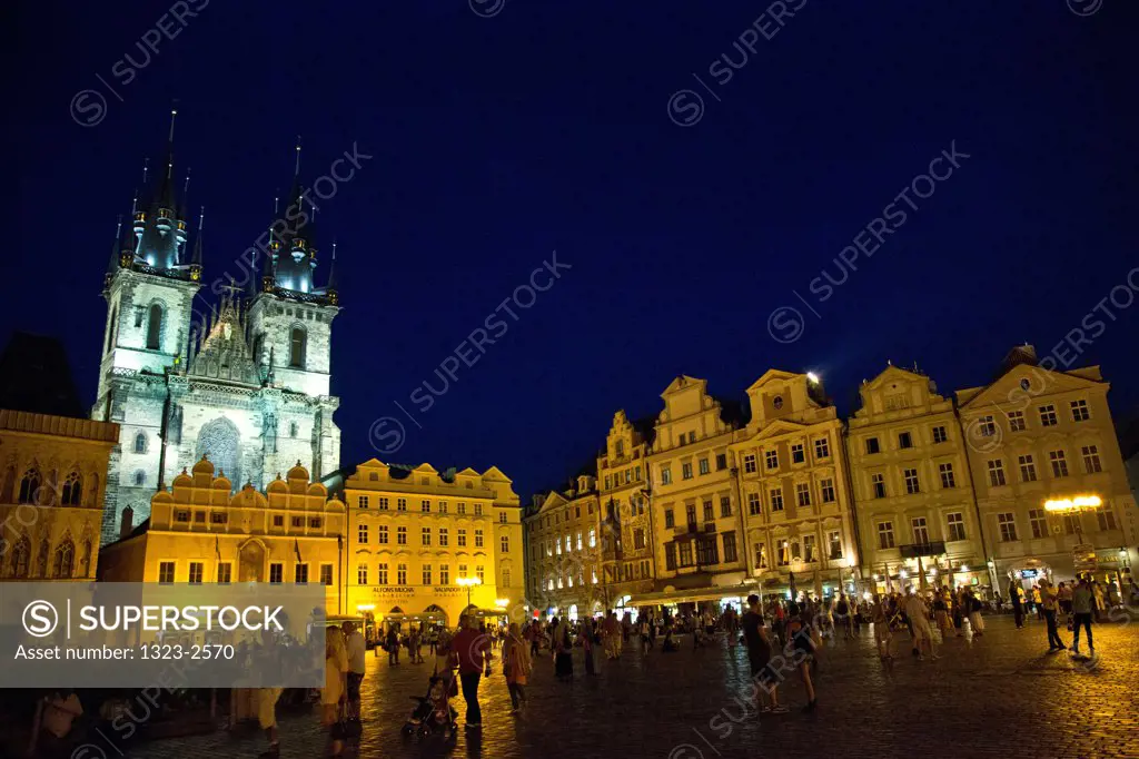 Czech Republic, Prague, Old Town Square at night with Tyn Church