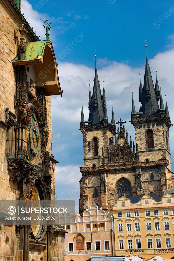 Czech Republic, Praque, View of Astronomical Clock and Tyn Church