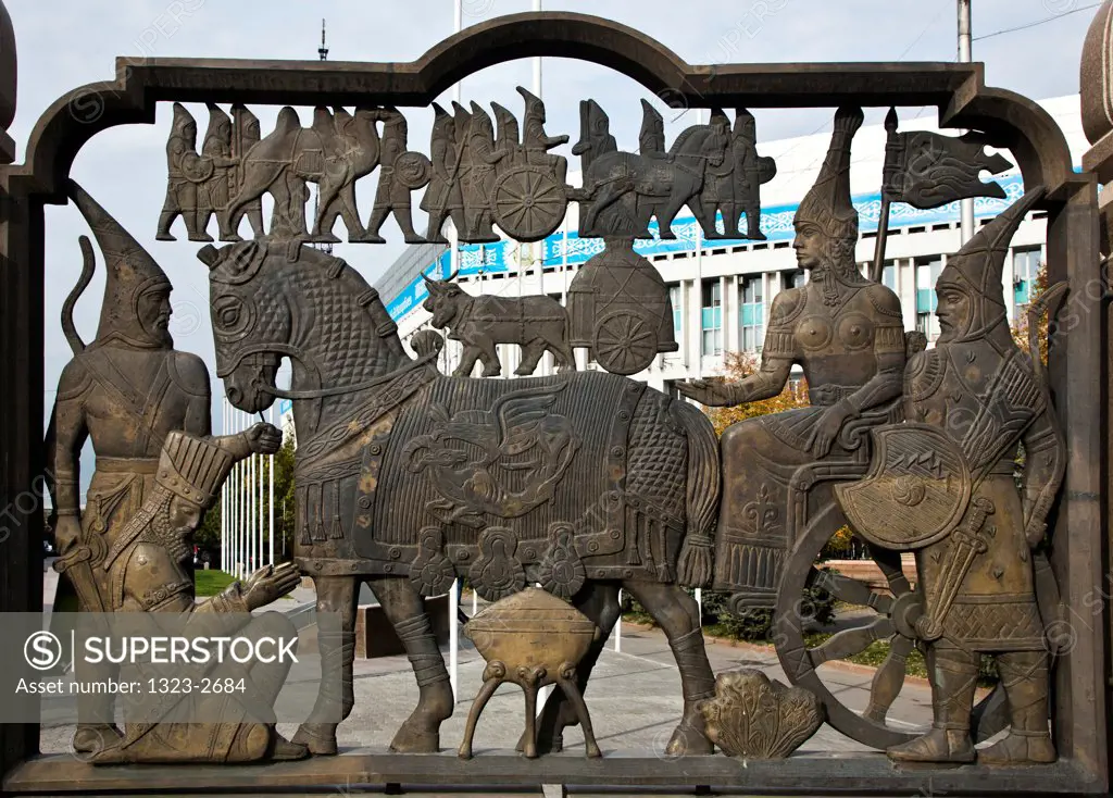 Bronze historical panels in Republic Square, Almaty, Kazakhstan