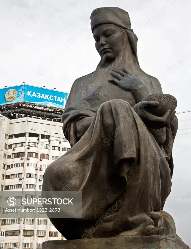 Low angle view of statue on the Independence Monument at Republic Square, Almaty, Kazakhstan