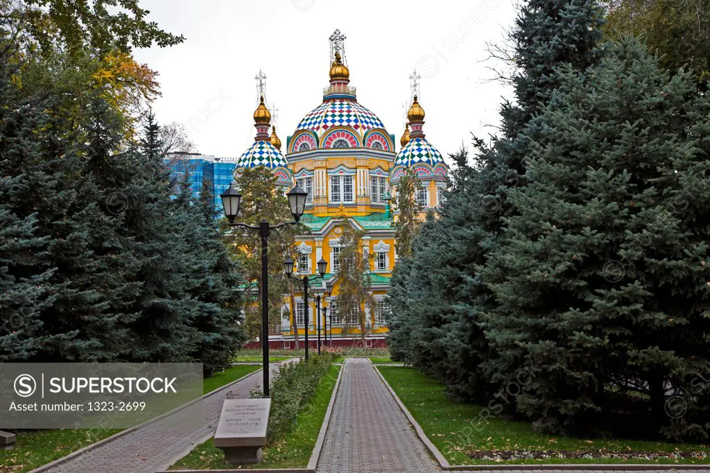 Garden outside the Zenkov Cathedral in Panfilov Park, Almaty, Kazakhstan